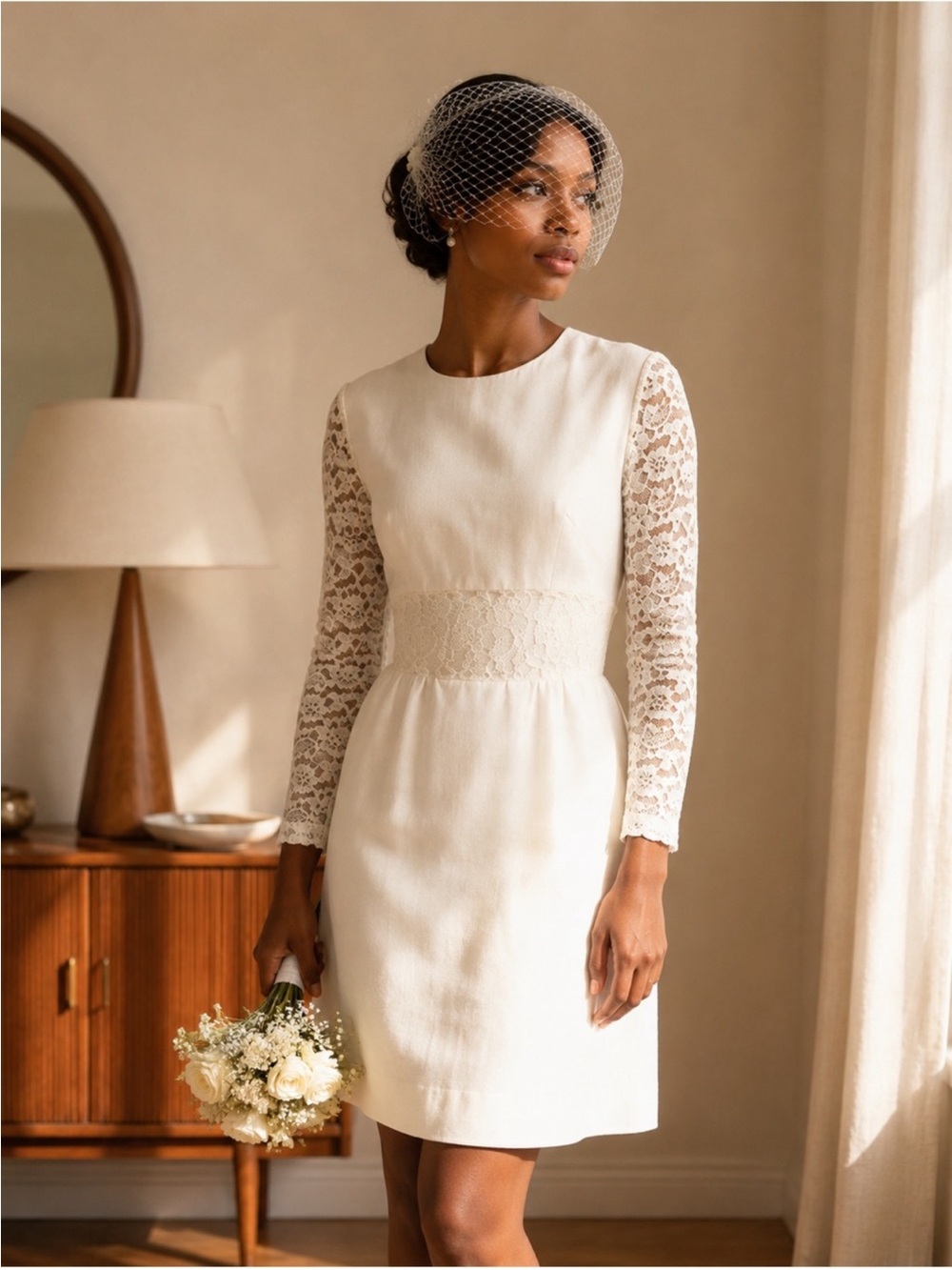 60s Mod GoGo White Lace Sleeve Mini Wedding Dress